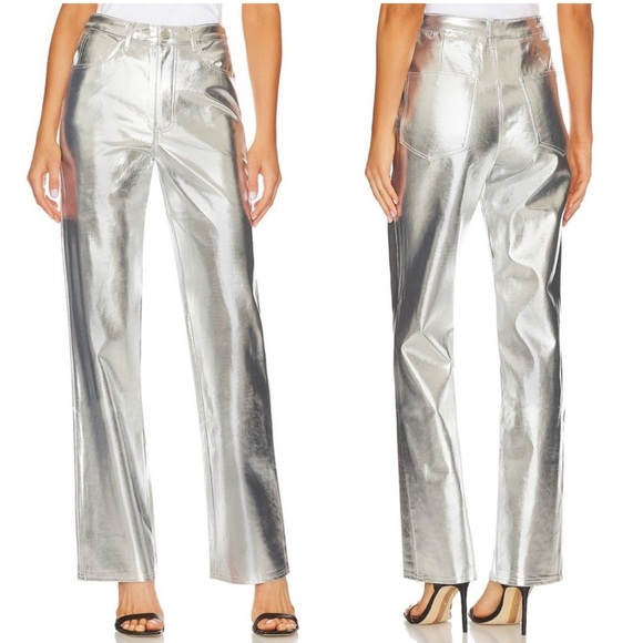 NWOT Weworewhat Mirror Shiny Silver Metallic Straight Leg Pant - Picture 1 of 7